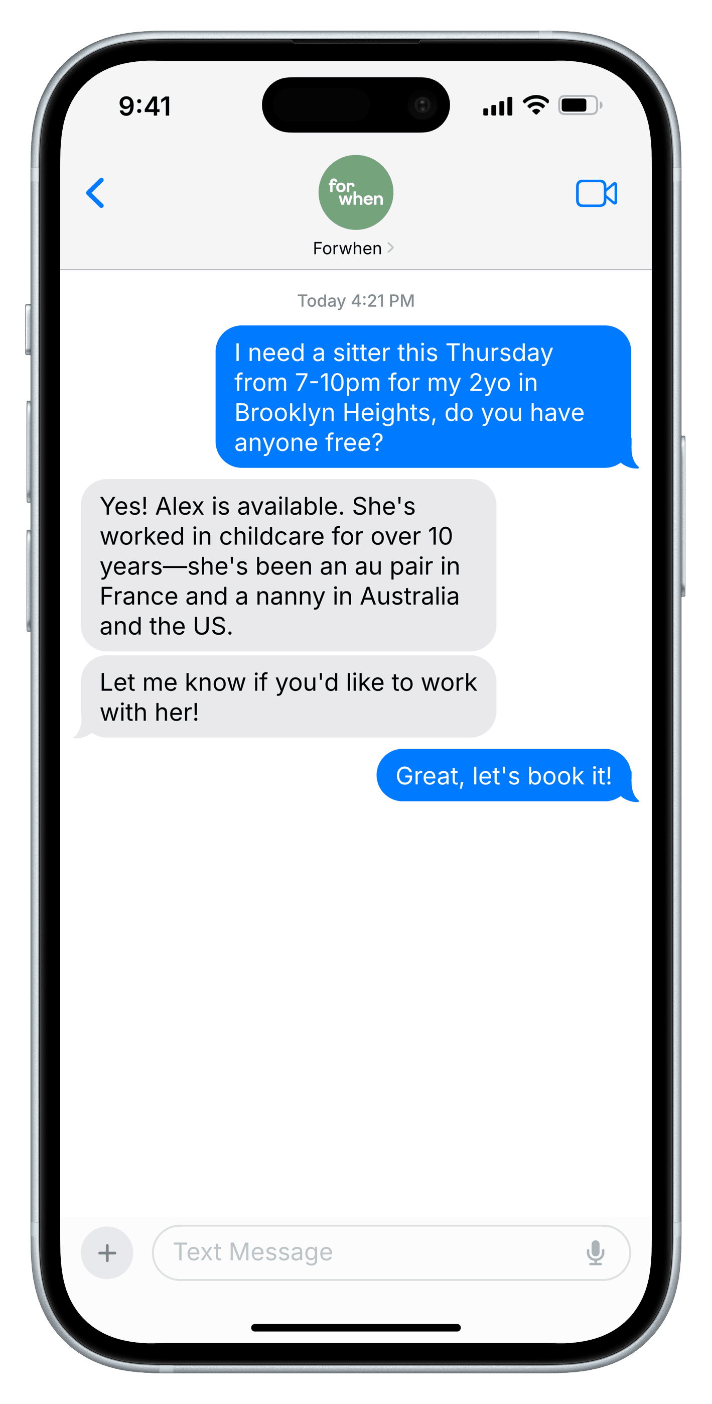 Text message conversation booking a sitter through Forwhen